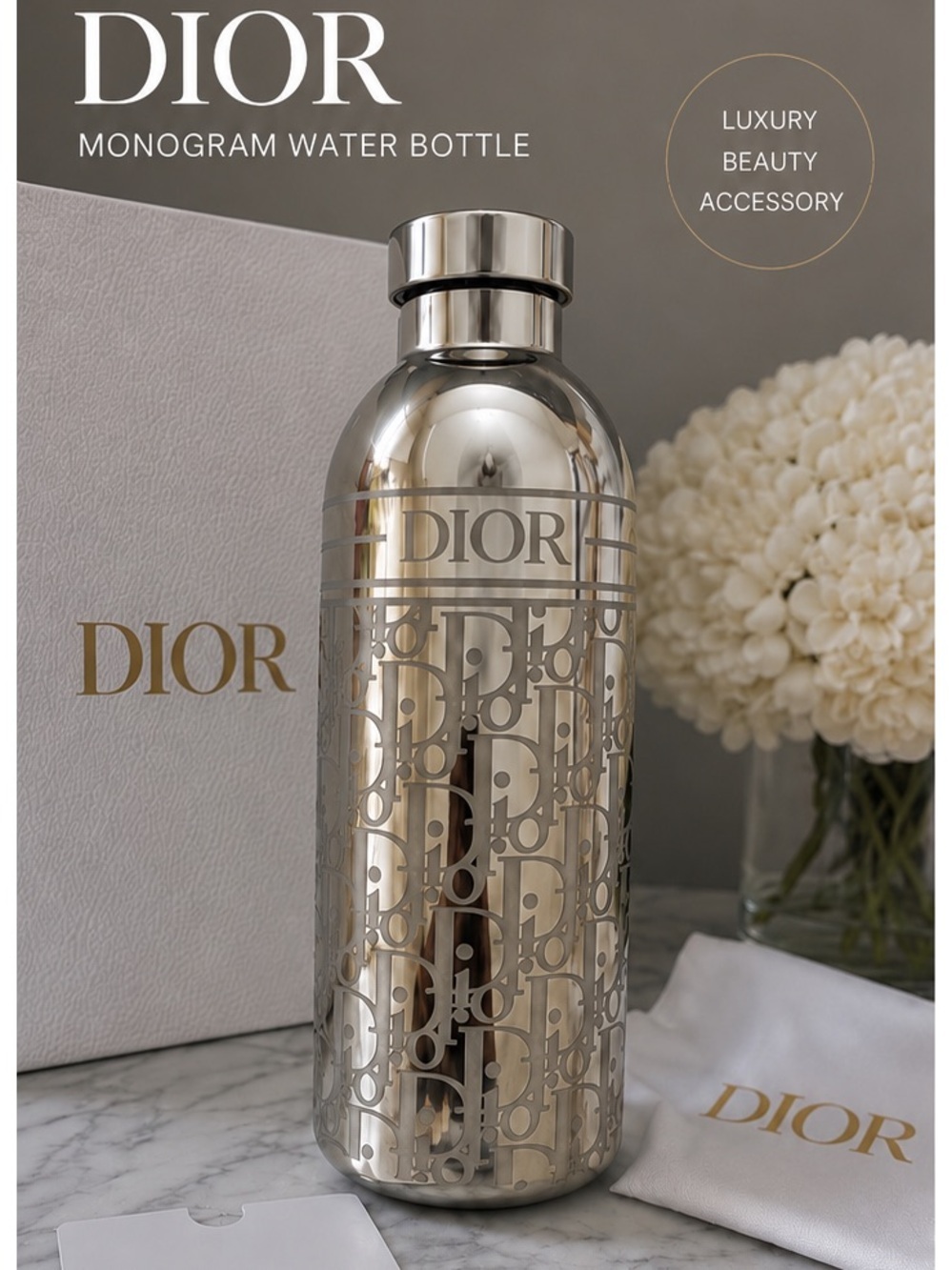 Dior Silver Monogram Stainless Steel Water Bottle - Polished Metallic